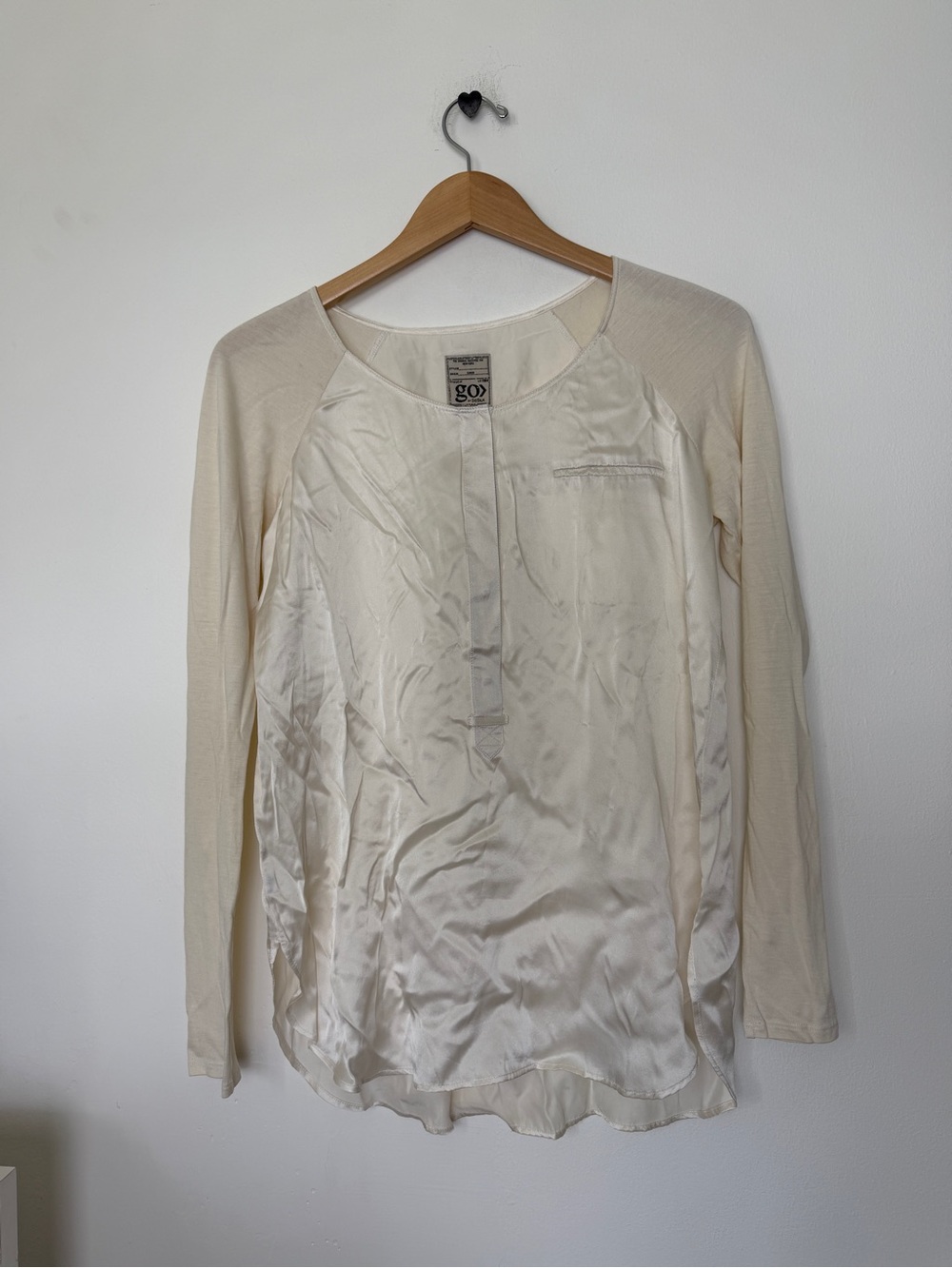 GO BY GO SILK Cream Satin-Front Long Sleeve Blouse